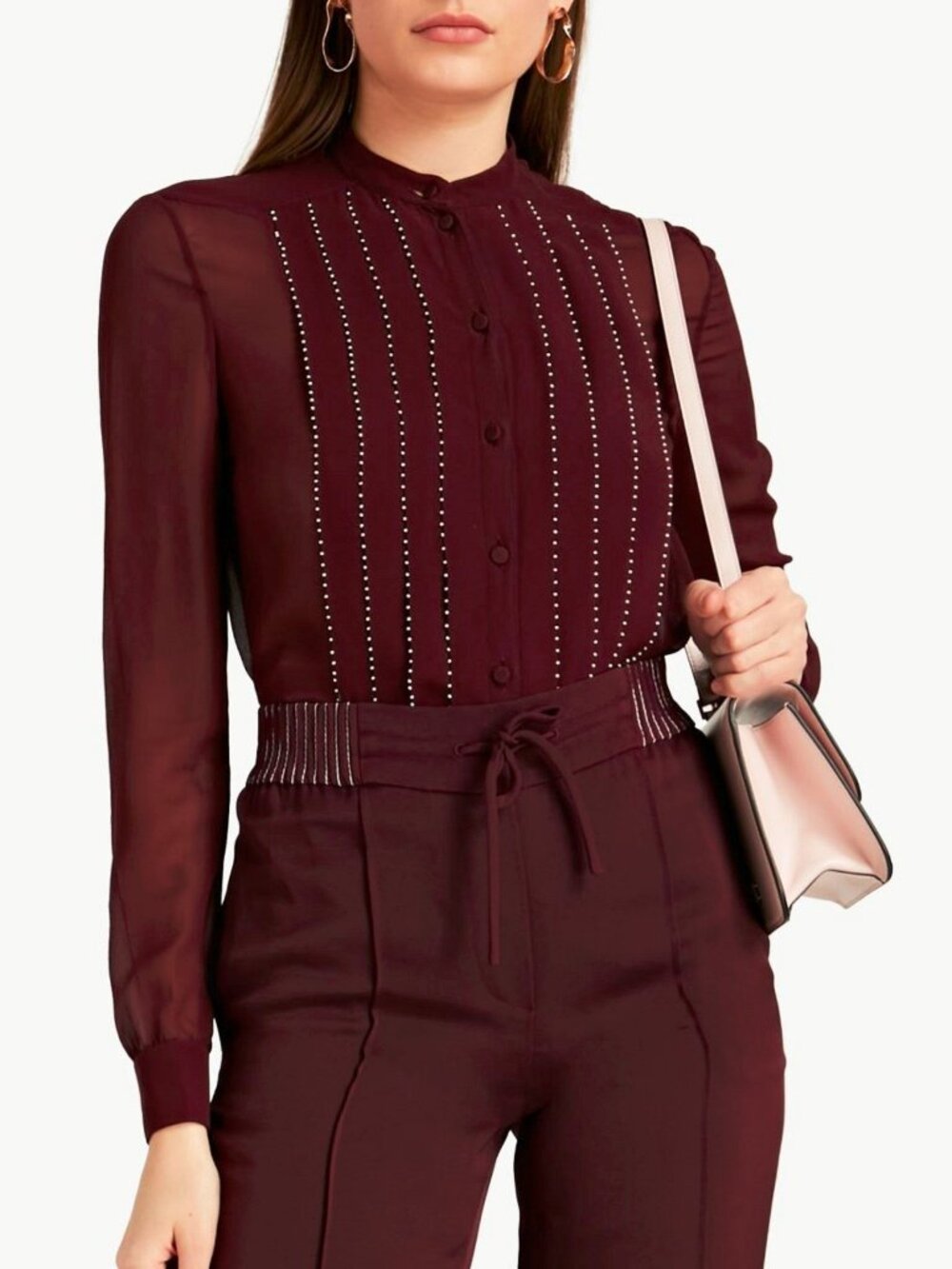 Valentino Burgundy Silk-Chiffon Beaded-Pleat Buttoned Blouse